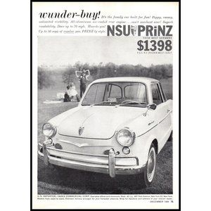 1960 NSU Prinz 2 Door Family Car Vintage Print Ad West Germany Picnic Park Art